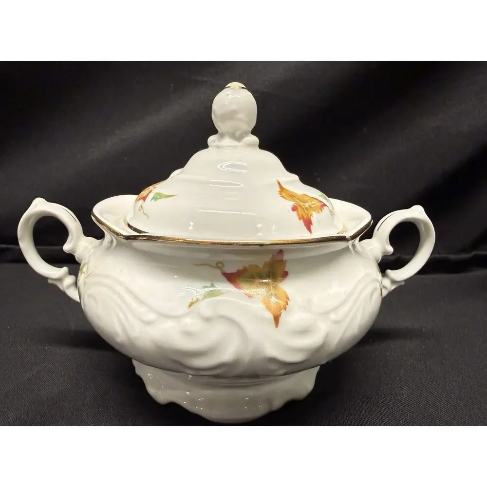 Vintage Walbrzych Sugar & Creamer Dish Set Autumn Leaves Gold Gilding Porcelain